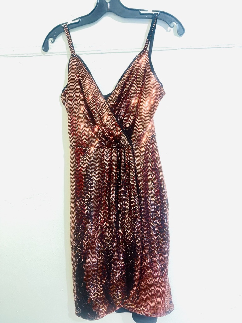 Guess Copper Sequin Wrap-Front Mini Dress with Spaghetti Straps